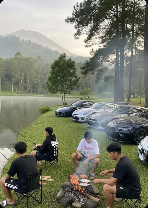 Four young men gather around a small campfire cooking sausages by a misty mountain lake, with several luxury sports cars parked on the grass behind them.

The image contrasts a leisurely outdoor lifestyle—fishing, grilling, and premium vehicles—with the post's message about "consistent progress" and long-term ecosystem building, visually suggesting that sustained effort (like a quiet morning campfire) leads to rewards (the luxury cars), paralleling NomismaNetwork's tiered Diamond-earning model.