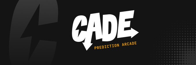 A black background logo with bold white stylized text reading 'CADE' and yellow text below stating 'PREDICTION ARCADE', accompanied by a dark lightning bolt icon.
