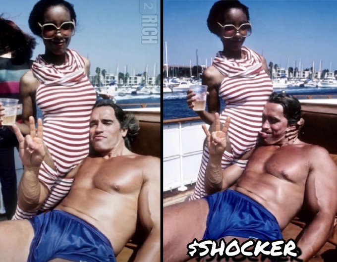 A split image showing a woman in a red and white striped outfit with goggles, standing behind a shirtless man in blue shorts on a boat, with the man making a peace sign; text reads '2 RICH' and '$$HOCKER'.