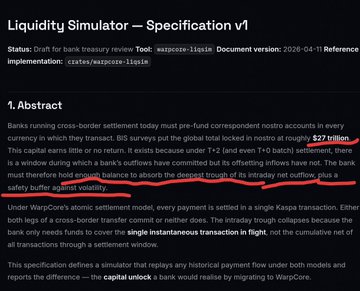 A technical document titled 'Liquidity Simulator – Specification v1' with a section labeled '1. Abstract' discussing cross-border settlement, with the number '$27 trillion' underlined in red.