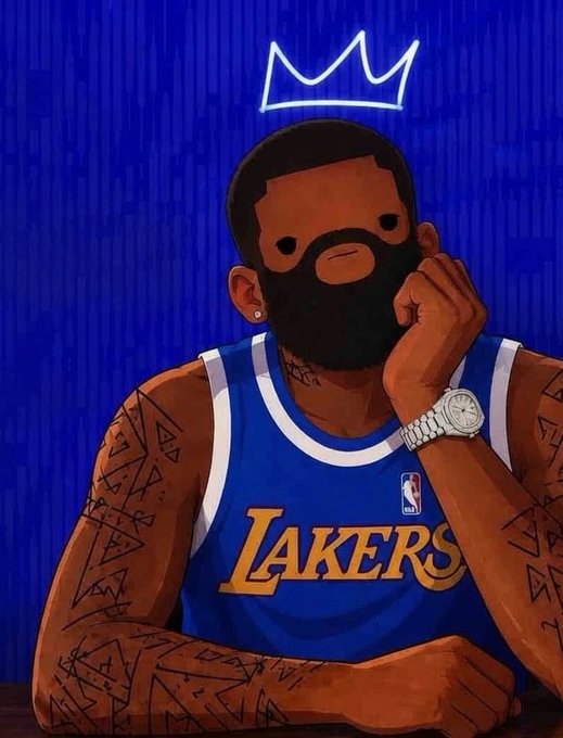 A stylized digital illustration of a bearded man wearing a blue "LAKERS" jersey and a silver watch, with a drawn crown above his head against a blue background.