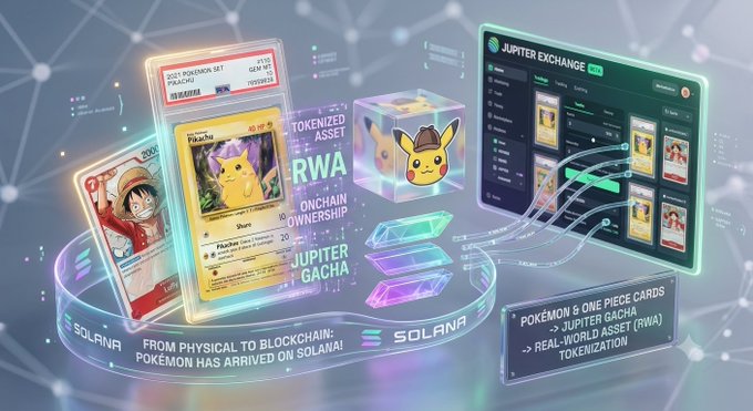 A promotional graphic displays Pokémon trading cards, tokenized assets, and a 'JUPITER EXCHANGE' interface with text including 'TOKENIZED ASSET RWA', 'JUPITER GACHA', 'SOLANA', and 'FROM PHYSICAL TO BLOCKCHAIN: POKÉMON HAS ARRIVED ON SOLANA!'.