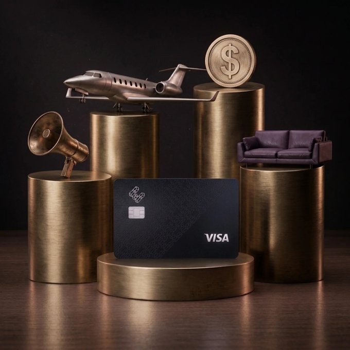 A stylized 3D render displaying luxury lifestyle items on golden pedestals: a private jet, a dollar coin, a megaphone, a couch, and a central black Visa credit card with a chain-link logo.