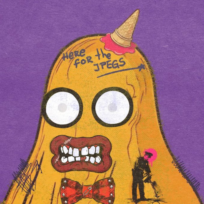 An illustration of a yellow, ghost-like creature with wide, staring eyes, a wide mouth showing teeth, a red bow tie, and an ice cream cone on its head with "Here FOR the JPEGS" written on it.