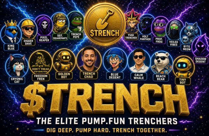 A promotional graphic for '$TRENCH - The Elite Pump.Fun Trenchers' featuring cartoon avatars of characters including King Blue, Digger Dave, Pixel Reaper, Sgt. Squishpants, Trench Pete, Yugi Trencher, Volt Panther, Prof. Frog, Veiled Vibes, Byte Meow, Cryonic Cat, Don't Tread on Fren, Golden Bot, Trench Chad, Blue Degent, Calm Whale, Beach Bear, Tiny Bot, and Shadow Degent.