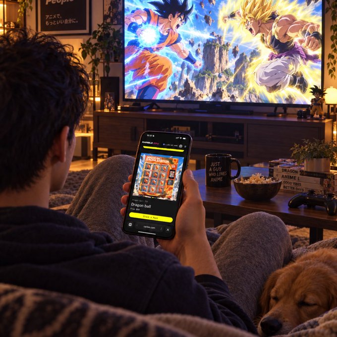 A person relaxes on a couch watching Dragon Ball Z on TV while browsing a "Dragon ball" digital card collection on their phone, with a popcorn bowl, an anime-themed mug, and a golden retriever nearby—perfectly illustrating the post's weekend combo of anime and gacha card collecting via rarible.com.