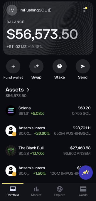 A crypto portfolio screenshot showing a balance of $56,573.50 (+19.48%), with holdings including 0.755 SOL ($69.20), 650M PUSHINGSOL ($28,701.11), and 96,962 ANSEM ($27,460.88, +13.10%)—visually confirming the poster's claim that their ANSEM bag is still worth around $27,500 after airdropping 3% of their 100,000 ANSEM holdings to bagworkers.