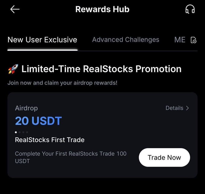A screenshot of a "Rewards Hub" mobile app screen advertising a "Limited-Time RealStocks Promotion" with an airdrop of "20 USDT" for a first trade.