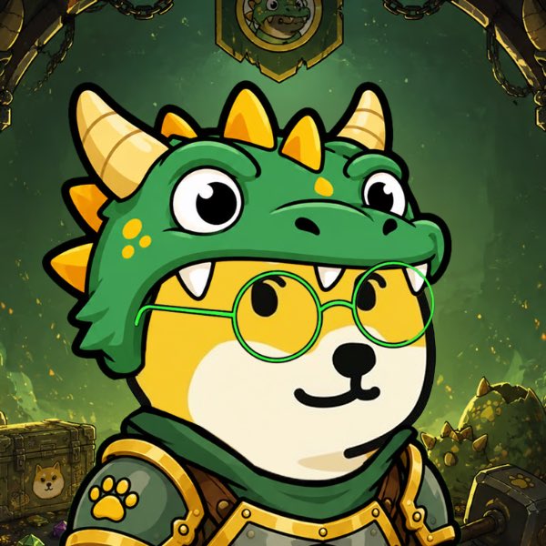A cartoon illustration of a yellow Shiba Inu dog wearing round green glasses and a green dragon hood, dressed in medieval armor with paw print details.
