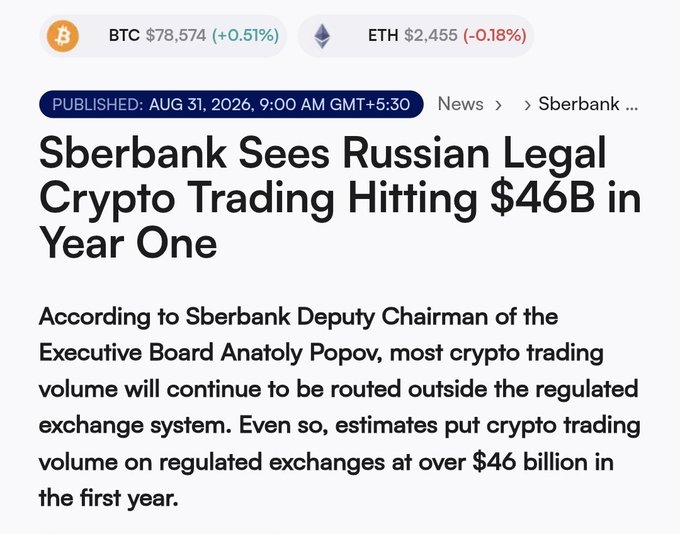 Headline news article announcing Sberbank's forecast that Russian legal crypto trading is projected to reach $46B in its first year, with quotes from Deputy Chairman Anatoly Popov noting that most crypto trading volume will continue outside regulated exchange systems. The image relates to the accompanying post by showcasing the source forecast figures ($46B) from Sberbank mentioned in the experts' projection about Russia's crypto market.