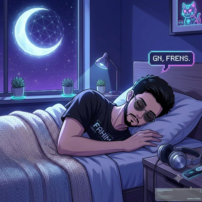 A digital illustration shows a person with sunglasses sleeping in bed under a crescent moon, with a speech bubble reading 'GN, FRENS.' and a shirt displaying 'FAHIM'.