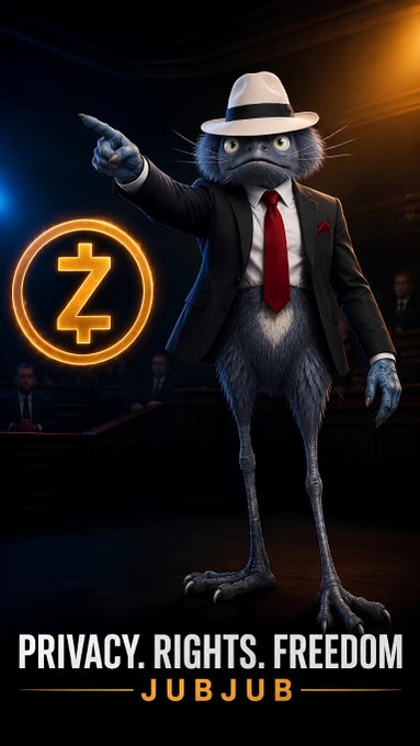 A digital illustration depicts a humanoid cat character in a suit, red tie, and fedora pointing dramatically, standing next to a glowing Zcash (ZEC) cryptocurrency logo, with the text 'PRIVACY. RIGHTS. FREEDOM JUBJUB' at the bottom.