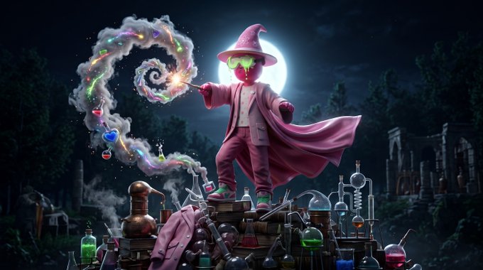 A digital artwork of a character with an apple for a head wearing a purple witch outfit, holding a wand that creates a colorful magical spiral over a pile of potions in a moonlit graveyard.