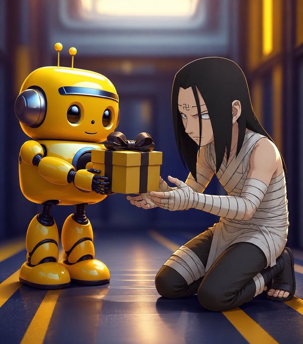 An anime-style illustration of a bandaged long-haired character kneeling while receiving a gift box from a cute yellow robot with antennae.