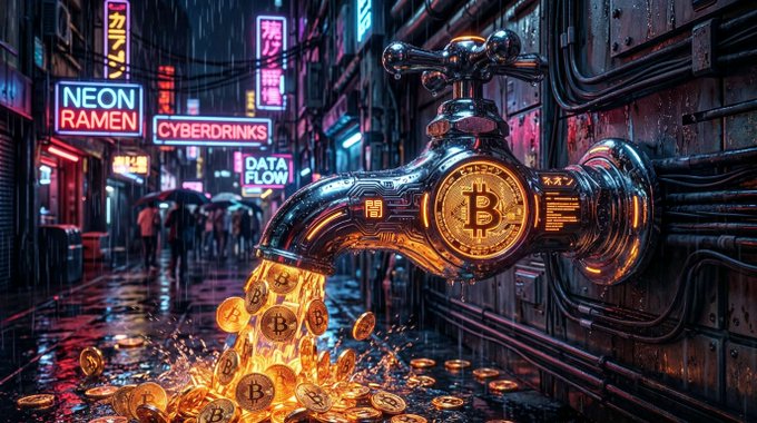 A metallic faucet spigot embossed with a Bitcoin logo pours glowing gold Bitcoin coins onto a rain-slick cyberpunk alley, with neon signs for "NEON RAMEN," "CYBERDRINKS," and "DATA FLOW" glowing in the background—visually reinforcing the post's claim that "free BTC exists" being handed out like cryptocurrency flowing from a tap.