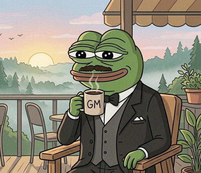 A digital illustration of a Pepe the Frog character in a black tuxedo with bow tie, holding a 'GM' mug, sitting on a wooden deck overlooking a forest at sunset.