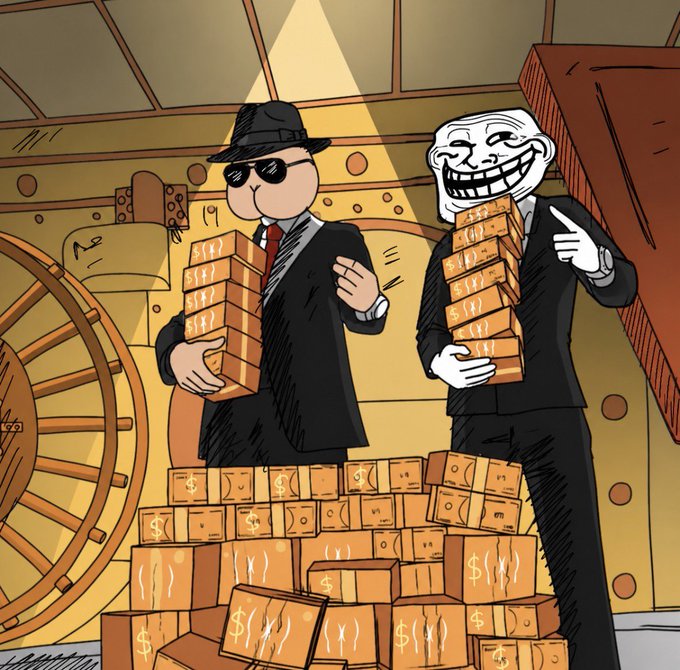 The image features a cartoon scene of two men dressed in suits, each holding a stack of money bags, indicating they are either collectors or involved in some sort of financial business. The background shows an old warehouse with a wooden ramp leading up to it. A large amount of gold coins can be seen on the ground near the two men, adding to the overall atmosphere of the scene. The image also contains text that reads "My two highest conviction bags !" and "Troll I'm bagworking for both every single day Both are going to billions". This suggests a humorous or lighthearted take on money and financial matters in a cartoon context.