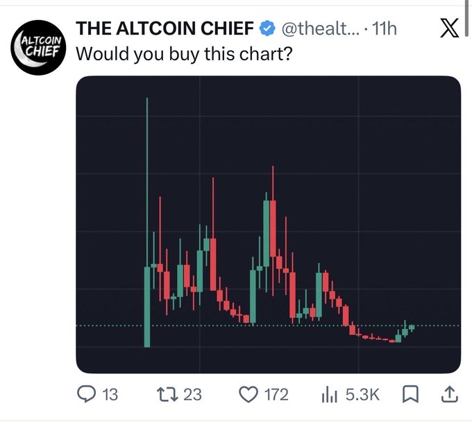 A tweet from 'THE ALTCOIN CHIEF' (@thealt...) asking 'Would you buy this chart?' accompanied by a candlestick chart showing price action, with 13 replies, 23 reposts, 172 likes, and 5.3K views.