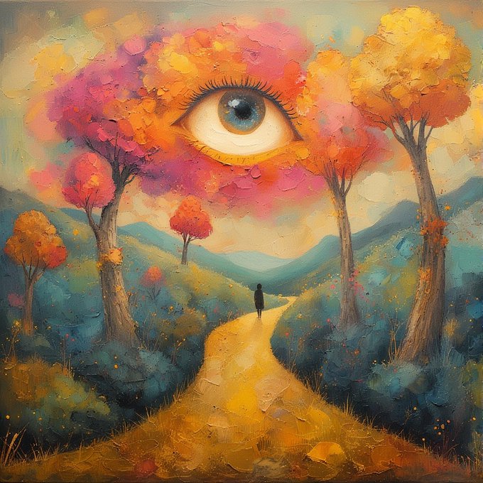 A surreal oil painting shows a lone figure walking down a winding golden path framed by autumn-colored trees, with a giant watchful eye emerging from the swirling pink and orange clouds above—evoking the title "The Eye of the Autumn Path."