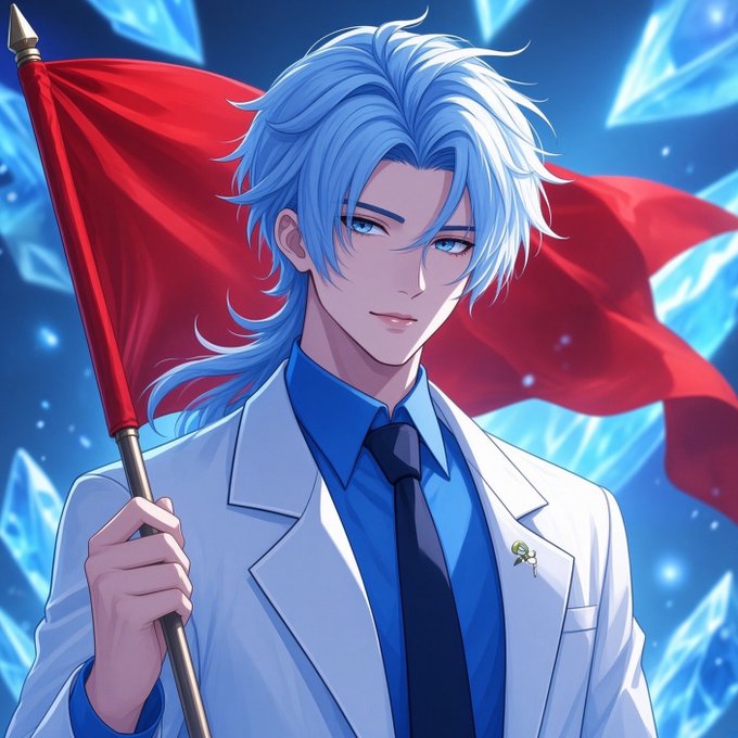 An anime-style illustration of a silver-haired male character in a white suit and blue shirt holding a red flag against an icy blue background.