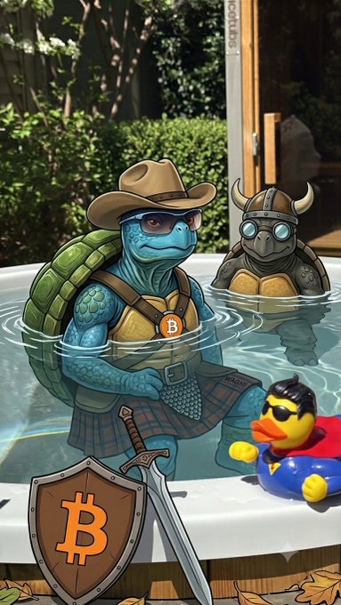 A turtle wearing a cowboy hat relaxes in a hot tub alongside a viking-helmeted turtle, a Bitcoin shield, and a rubber duck float—visually capturing the post's message of taking a well-earned break ("the turtles need rest before the next push. good night degens!") in classic crypto meme style referencing the HODL tortoise before the next "push" upward.