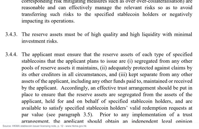 The image displays an excerpt from the HKMA stablecoin issuer licensing note (p. 12, hkma.gov.hk) outlining regulatory requirements for stablecoin reserve assets, including that reserves must be high quality and highly liquid with minimal investment risk (section 3.4.3), and must be segregated from other pools, protected from creditor claims, and held in trust for stablecoin holders (section 3.4.4). This directly relates to the post by illustrating the strict reserve and segregation standards—high quality, high liquidity, and legally separated funds—that stablecoin issuers like Ripple (with RLUSD) must follow, reinforcing the credibility framework behind SBI's collaboration with Ripple in Japan.
