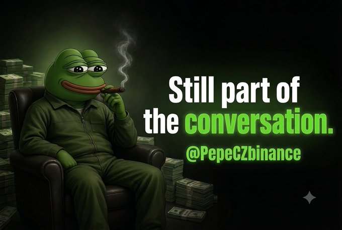 A cartoon Pepe the Frog sits in a leather armchair smoking a cigar, surrounded by stacks of cash, with text reading "Still part of the conversation. @PepeCZbinance"—reinforcing the post's theme of $PEPE's enduring relevance through market cycles of euphoria and fear.