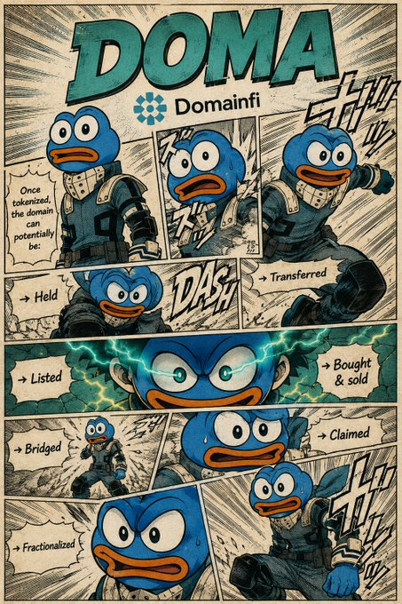 A comic-style infographic titled "DOMA Domainfi" featuring a blue duck-like character who transforms into a superhero, illustrating the tokenization flow of a traditional domain into an onchain asset. Key text visible includes "Once tokenized, the domain can potentially be:" followed by actions like "Held," "Transferred," "Listed," "Bought & sold," "Bridged," "Claimed," and "Fractionalized," along with sound effects "SHUP," "DASH," and "FSH."