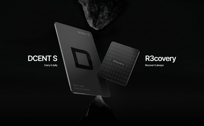 A dark product advertisement for 'DCENT S' and 'R3covery' hardware wallet cards, featuring 'Carry it daily' and 'Recover it always' taglines alongside the metallic black cards.