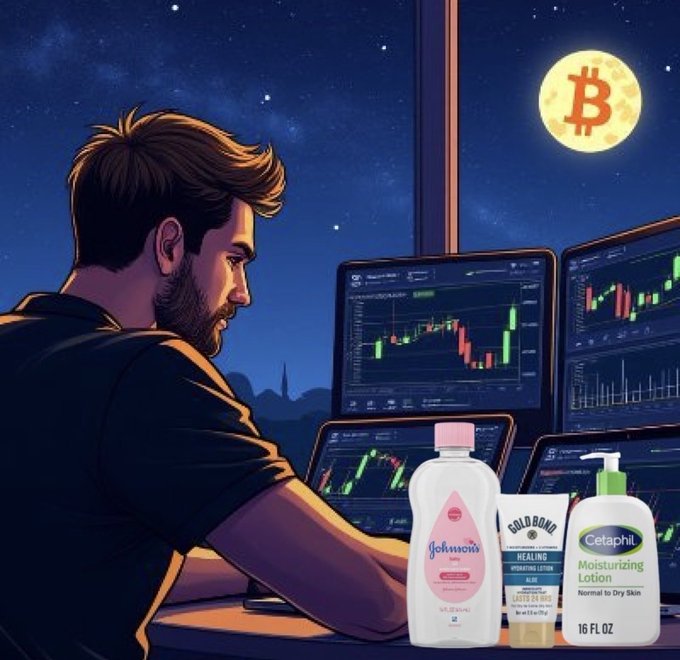 A bearded man sits intensely focused before multiple monitors displaying candlestick trading charts at night, illuminated by a Bitcoin "B" logo in the sky, while three skincare bottles (Johnson's, Gold Bond Healing, and Cetaphil Moisturizing Lotion) sit in the foreground.

The image humorously depicts a dedicated crypto trader glued to Bitcoin charts, with the post's contract address suggesting a focus on screen time that may be damaging his skin—hence the prominently displayed lotions meant to combat dryness from long hours at the trading desk.