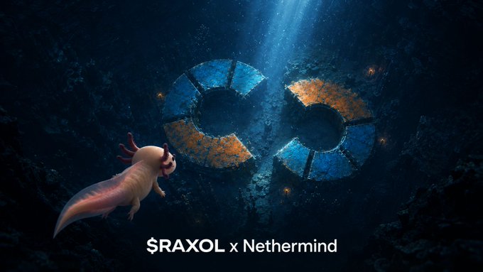 An underwater scene features a pink axolotl swimming toward two large, weathered circular structures with the text "$RAXOL x Nethermind" displayed at the bottom.