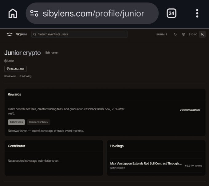 A mobile browser view of 'sibylens.com/profile/junior' showing a profile for user 'Junior crypto', displaying 0 followers, rewards section, and holdings including 'Max Verstappen Extends Red Bull Contract Through...' with 63.34M tokens.