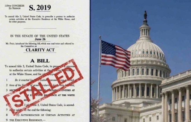 S. 2019, the "CLARITY Act," stamped "STALLED," displayed alongside the U.S. Capitol and American flag, visually reinforcing the post's call to pass the legislation amid the House's shortened September session.
