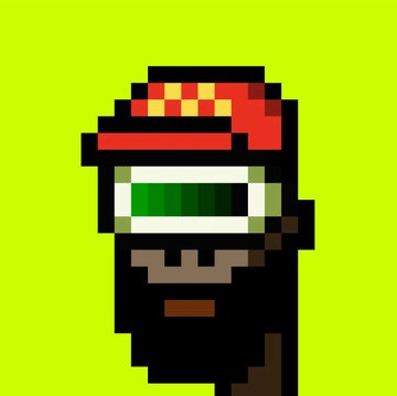 Pixel art of a dark-skinned character wearing a red and yellow checkered cap and green visor against a bright green background.