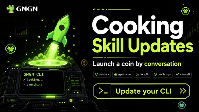 The image features a green rocket ship with the text "Cooking Skill Updates" written above it. Below the rocket ship, there's a caption that reads "1/ [Cooking Skill Updates] Launching a coin by conversation". The image also includes a small screen displaying the GMGN logo and the post title "Cooking Skill Updates".