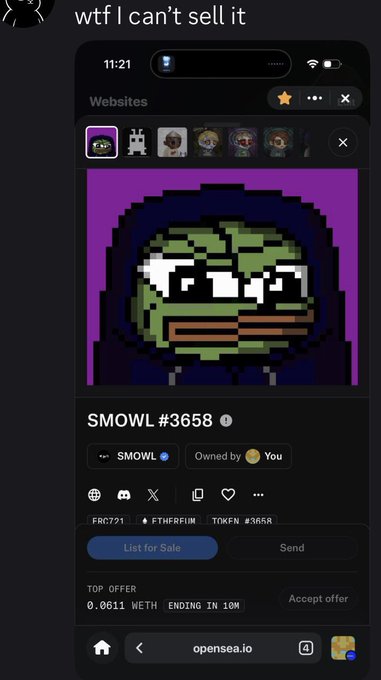 A screenshot of an OpenSea listing for SMOWL #3658 with the caption "wtf I can't sell it," showing a Pepe-style NFT with a "List for Sale" button greyed out—visually illustrating the user's frustration that OpenSea has flagged the item as stolen and blocked them from selling it despite their friend having spun it from a $FWA pack.
