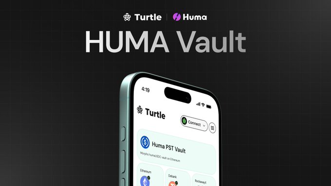 The image showcases the "HUMA Vault" launch on Turtle, featuring a mobile app interface displaying the "Huma PST Vault" on Ethereum with a "Connect" button. This visual reinforces the post's announcement of the first direct onchain exposure to Huma's PayFi Strategy Token (PST), highlighting Huma's $14B+ payment financing volume with zero credit losses.