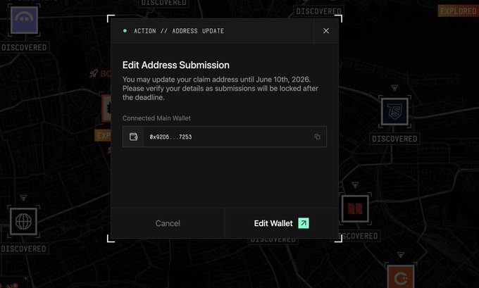 The image shows an email screen with instructions on how to edit an address submission form, specifically about editing a wallet address. The email instructs users to click "edit" at the bottom of the screen, and then to select the option labeled "Address Submission". It also provides information about the distribution of final addresses for the airdrop, which is scheduled for 10 days from now.
