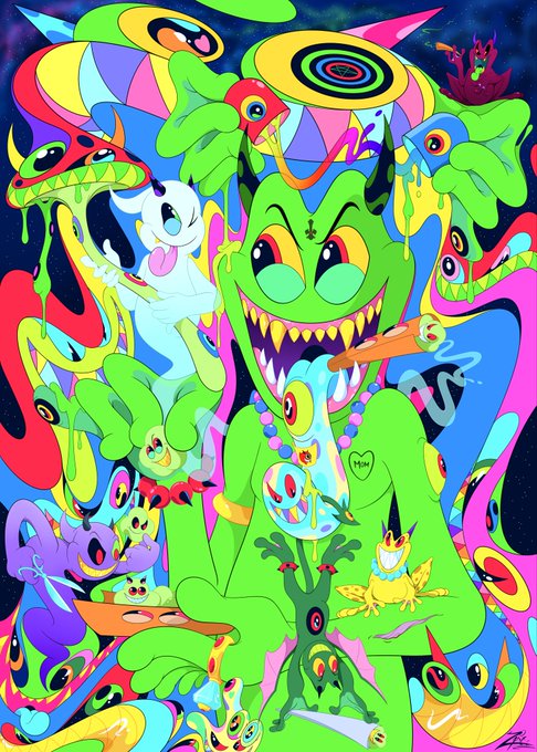A vibrant, psychedelic digital illustration featuring a central green monster character surrounded by a chaotic arrangement of cartoonish creatures, eyeballs, and neon colors.