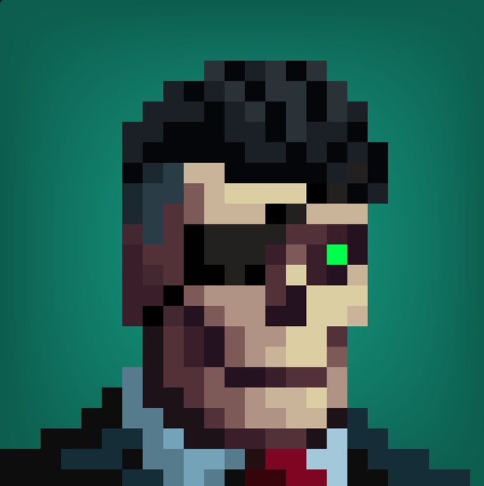 A pixel art portrait of a man with dark hair and sunglasses, featuring a small green square on his face, set against a teal background.