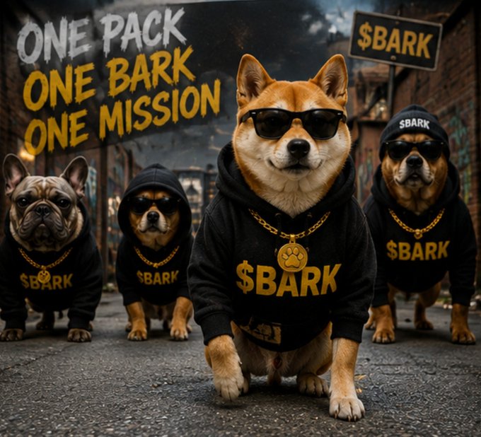 A promotional graphic featuring four dogs wearing sunglasses and black '$BARK' hoodies, with text reading 'ONE PACK ONE BARK ONE MISSION'.