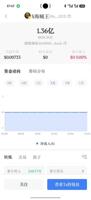 A mobile app screen showing crypto wallet details for an address starting with "0x000...dead" holding 1.36亿 (136 million) tokens worth $100.39M at $0.00733, with Chinese interface text.