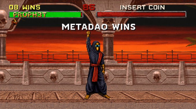 A Mortal Kombat-style video game screen shows 'METADAO WINS' with a character raising their fist, health bars for '08_WINS' (Prophet) and 'INSERT COIN', against a fiery red background with skull motifs.