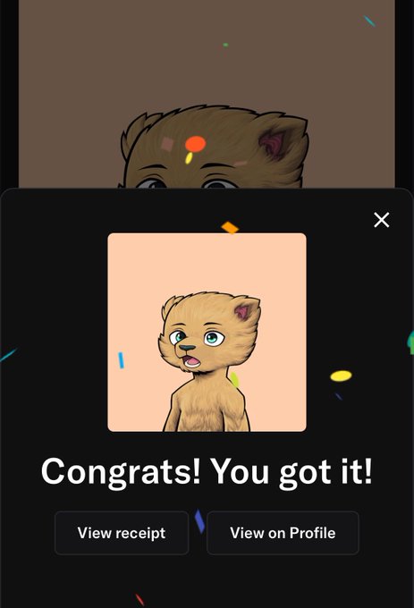 The image shows an app screen with a cartoon bear character, possibly from a game or social media platform, wearing a hat and standing against a brown background. The text at the bottom of the image reads "Congratulations! You got it!". This indicates that the user has successfully completed a task or achieved something within the app or game.