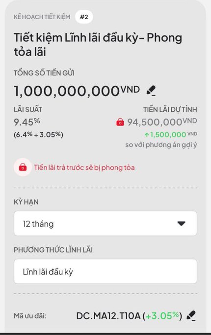 A Vietnamese savings plan showing 1,000,000,000 VND deposit with 9.45% interest rate for a 12-month term.