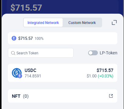A digital wallet interface showing a balance of $715.57, featuring options for 'Integrated Network' and 'Custom Network', with USDC listed at $1.00.