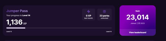 A user interface for a 'Jumper Pass' progress tracker showing 1,136 XP at Level 14, 0 XP last month, 23 perks unlocked, and a rank of 23,014 as of Jan 2023.