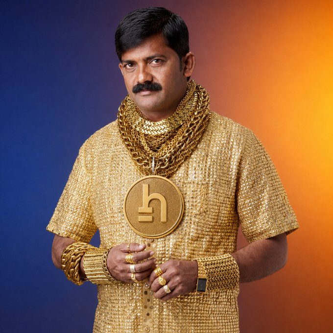 A man with a mustache wearing an elaborate gold chain and a large gold medallion with an 'h' logo, dressed in a gold sequined shirt against a blue and orange gradient background.
