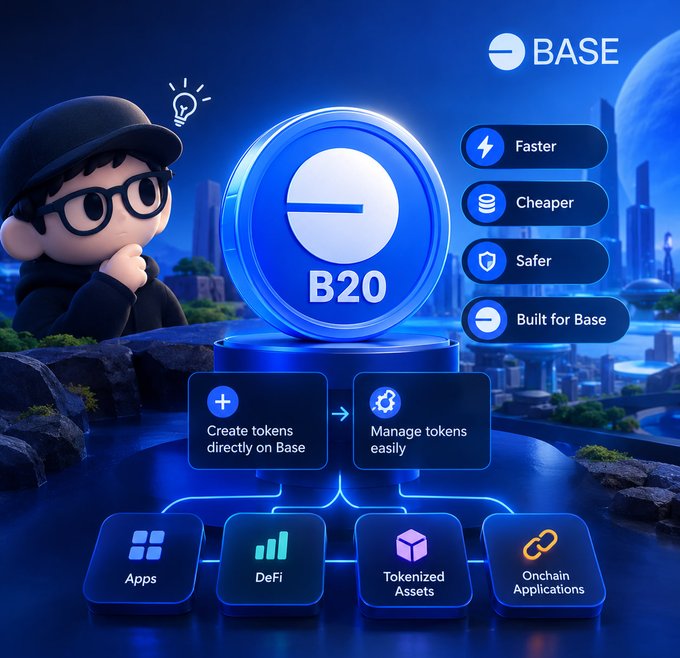 Infographic for 'BASE' featuring a B20 token, highlighting features 'Faster, Cheaper, Safer, Built for Base' and showing workflows for creating tokens and connecting Apps, DeFi, Tokenized Assets, and Onchain Applications.