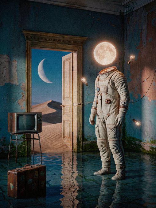 A surreal scene depicting a headless astronaut in a white spacesuit with a glowing moon for a head, standing in a flooded room with a crescent moon visible through an open doorway leading to a desert, alongside an old TV and a vintage suitcase.